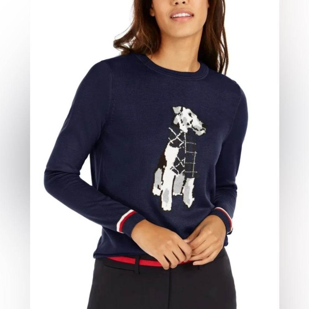 Tommy Hilfiger Long Sleeve Terrier Dog Print Pullover Navy Blue Sweater Size M